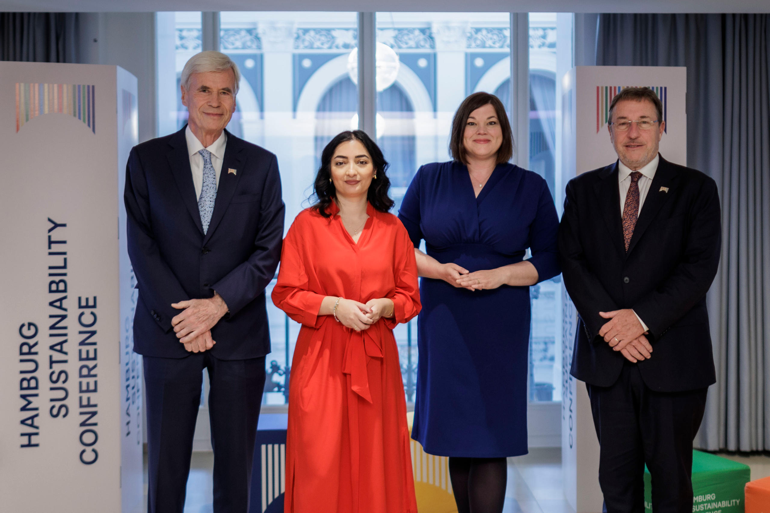 Opening of the Hamburg Sustainability Conference 2025 (from left): Michael Otto, Honorary Chairman of the Supervisory Board of the Otto Group, Federal Development Minister Reem Alabali-Radovan, Second Mayor of Hamburg Katharina Fegebank and Achim Steiner, Head of the UN Development Programme UNDP