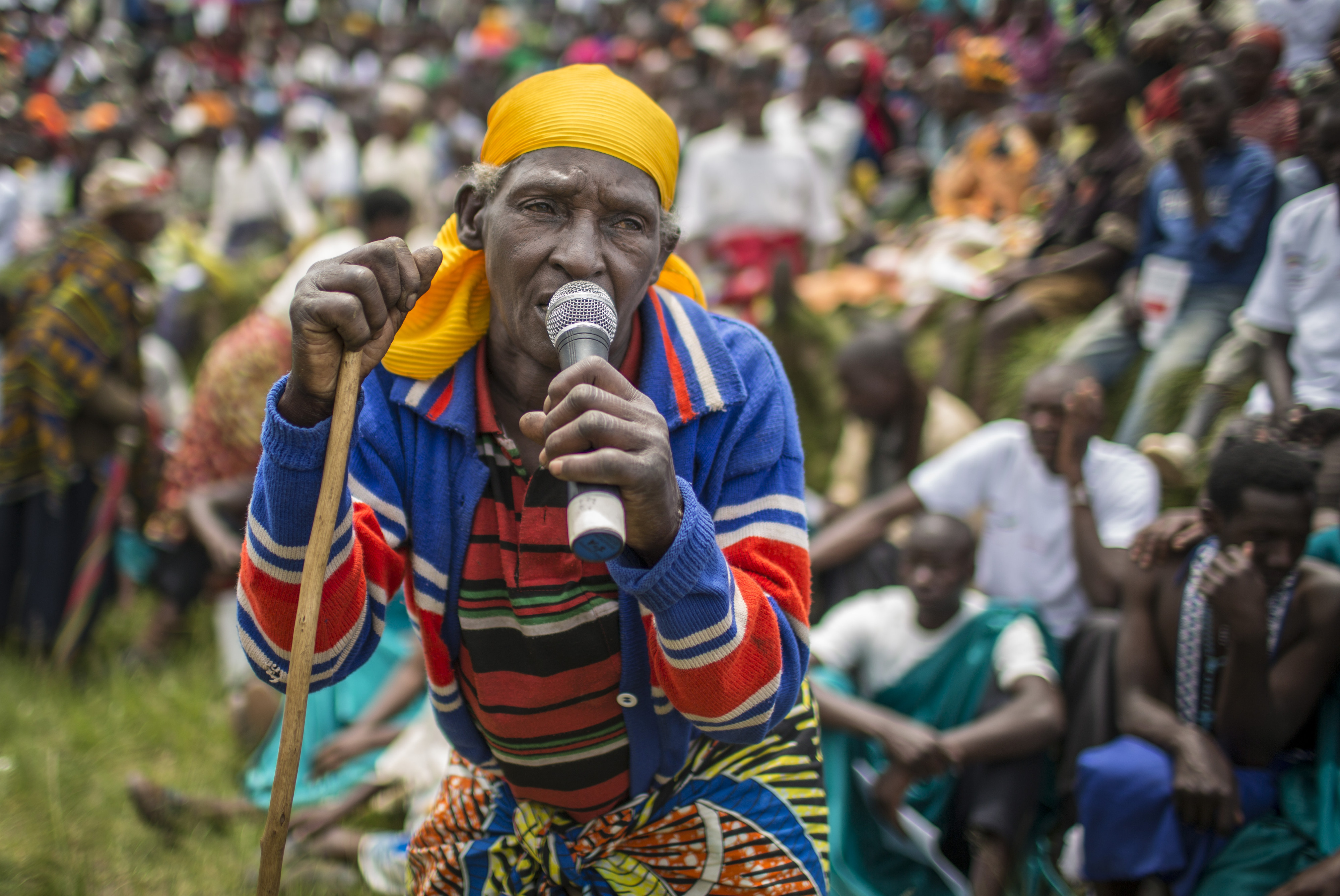 A man from Musebeya in Rwanda speaks during a public dialogue on improving citizens' political participation.