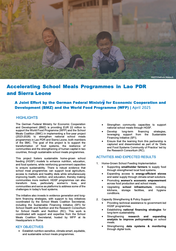 Screenshot der ersten Seite des Factsheets zu "Accelerating School Meals Programmes"