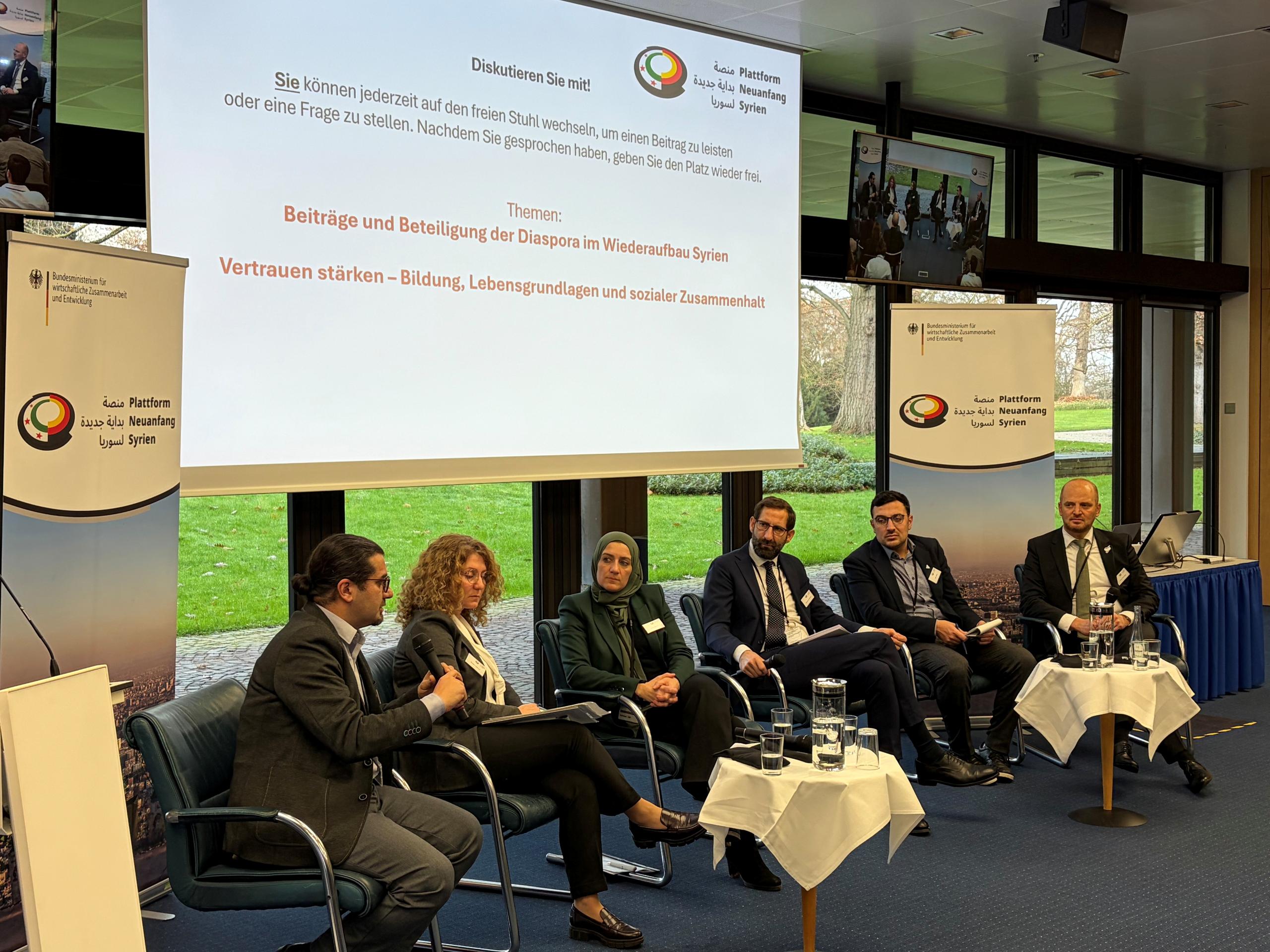 Sechs Leute sitzen vor einer Leinwand und diskutieren