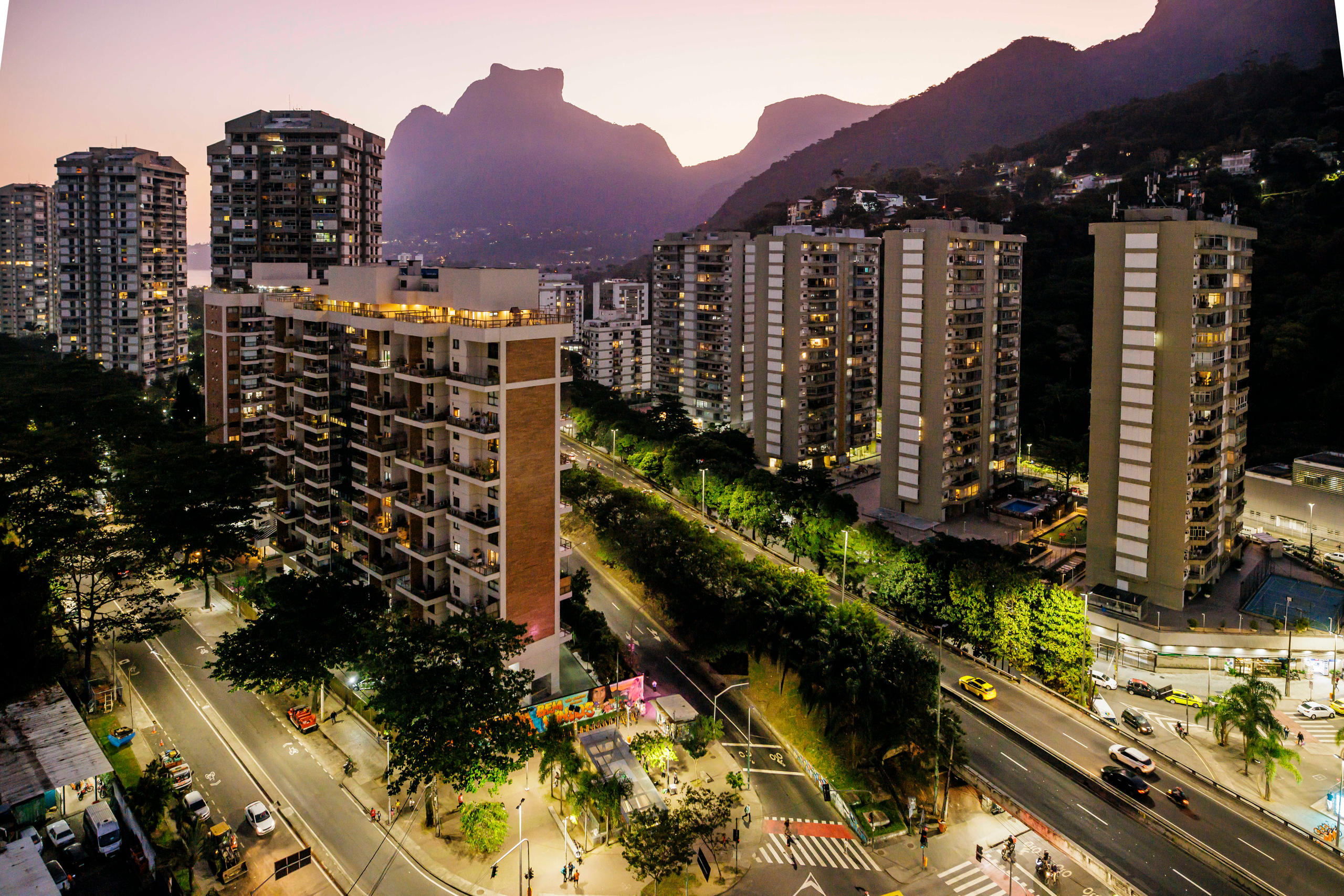An aerial photograph of Rio de Janeiro at dusk.