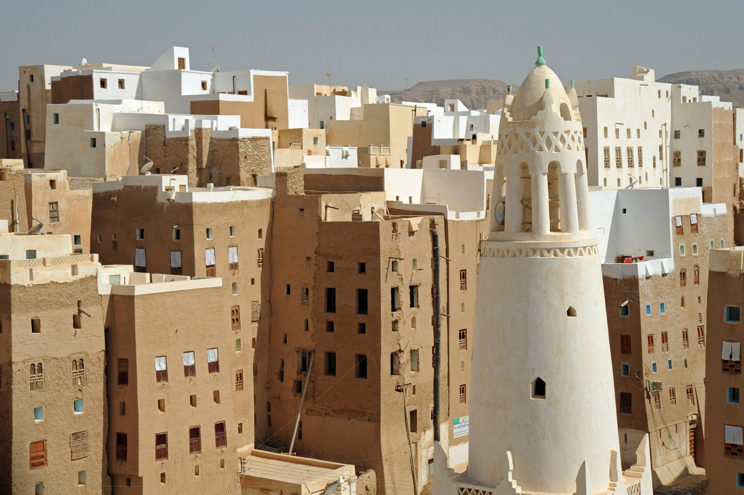Photo of a town made of mud houses.