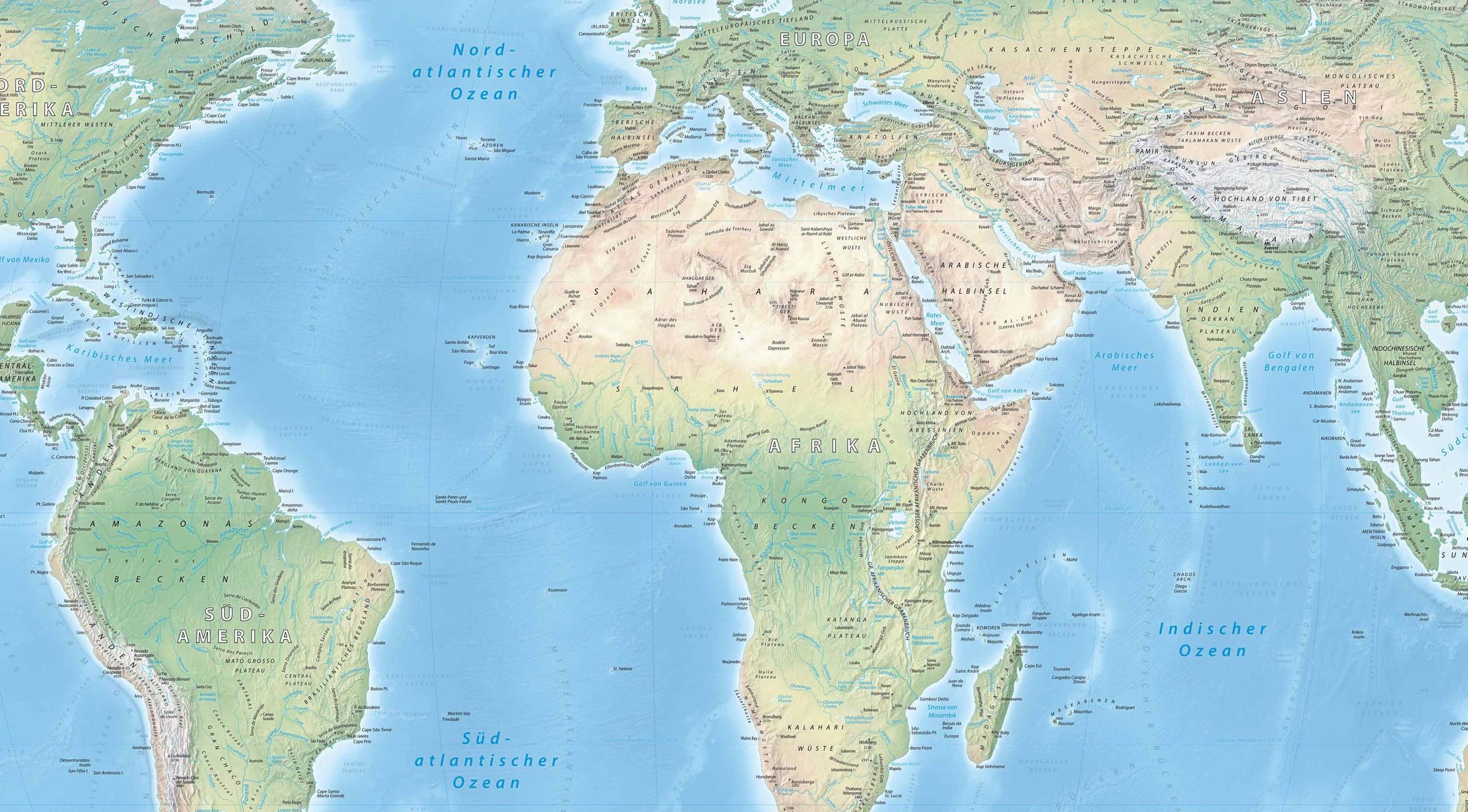 Map of the world with land areas and oceans shown in their true size relative to one another.