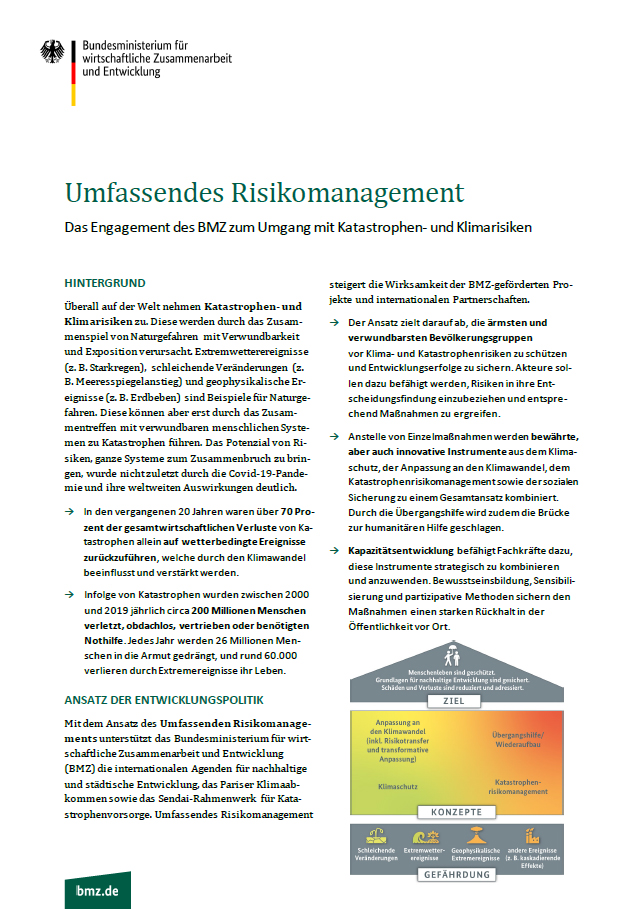 Titelblatt: BMZ-Factsheet: Umfassendes Risikomanagement | Das Engagement des BMZ zum Umgang mit Katastrophen- und Klimarisiken