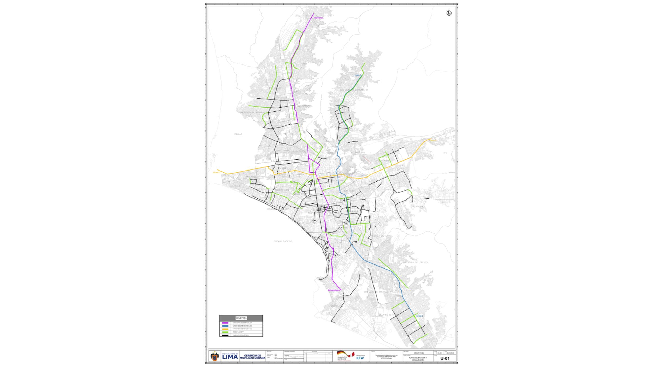 Karte der Stadt Lima mit eingezeichneten Metro- und Buslinien sowie Fahrradwegen.