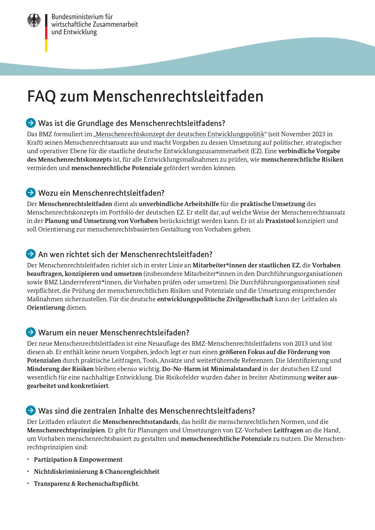 Erste Seite des PDFs FAQ Menschenrechtsleitfaden