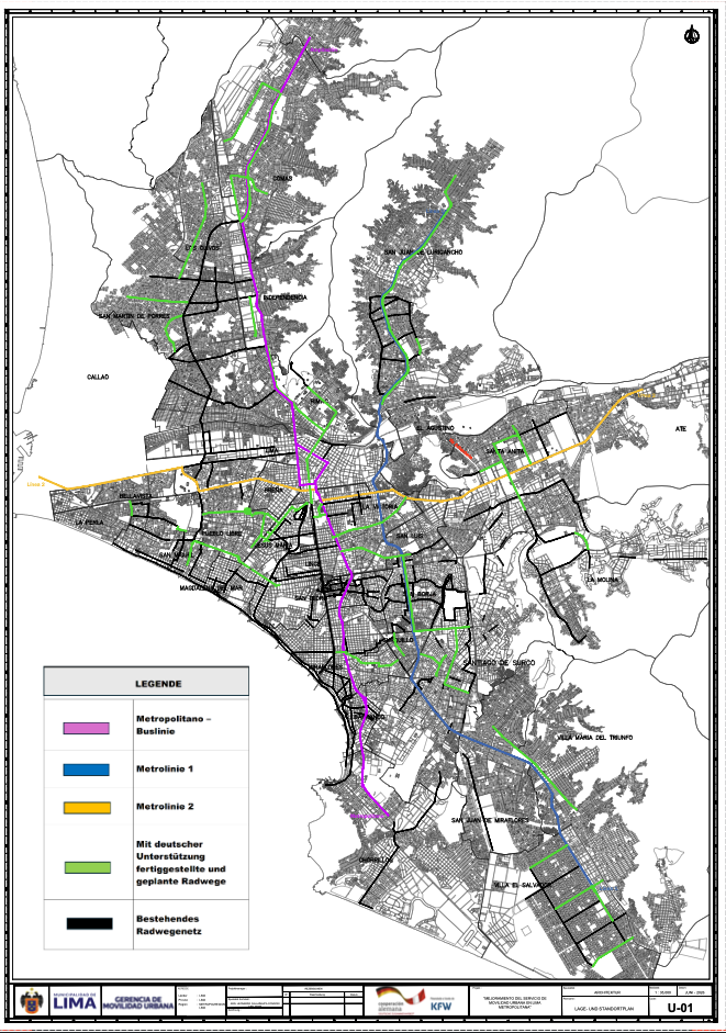 Karte der Stadt Lima mit eingezeichneten Metro- und Buslinien sowie Fahrradwegen.