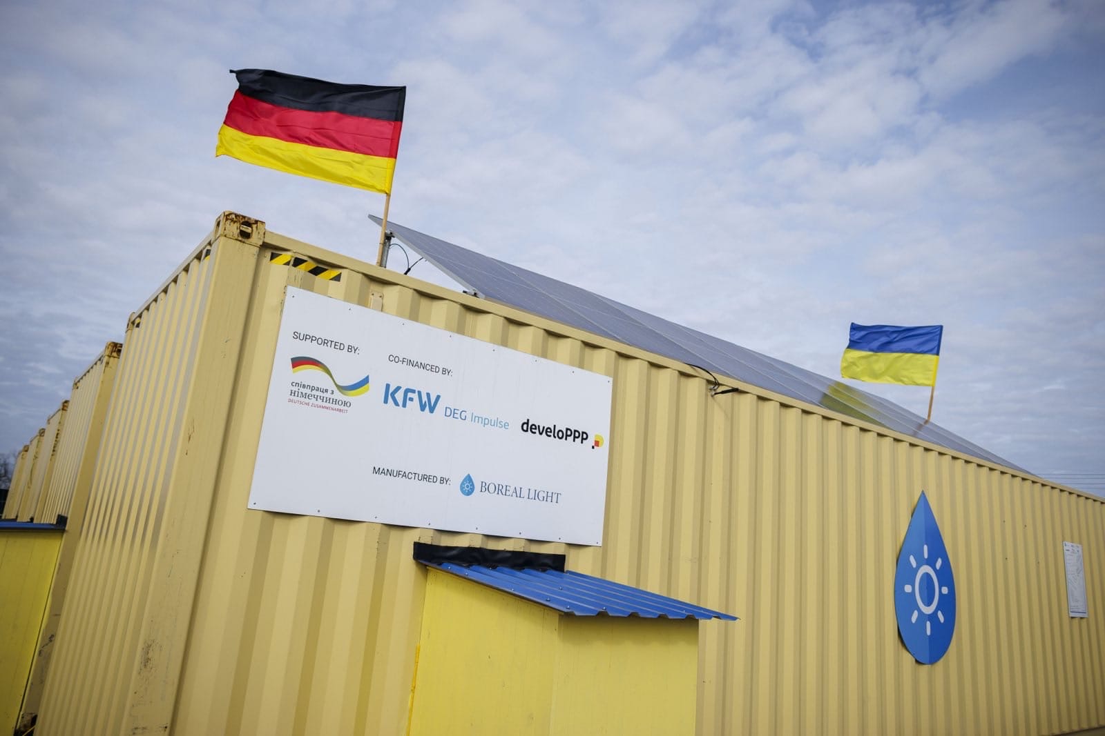 Container housing a water desalination system. 