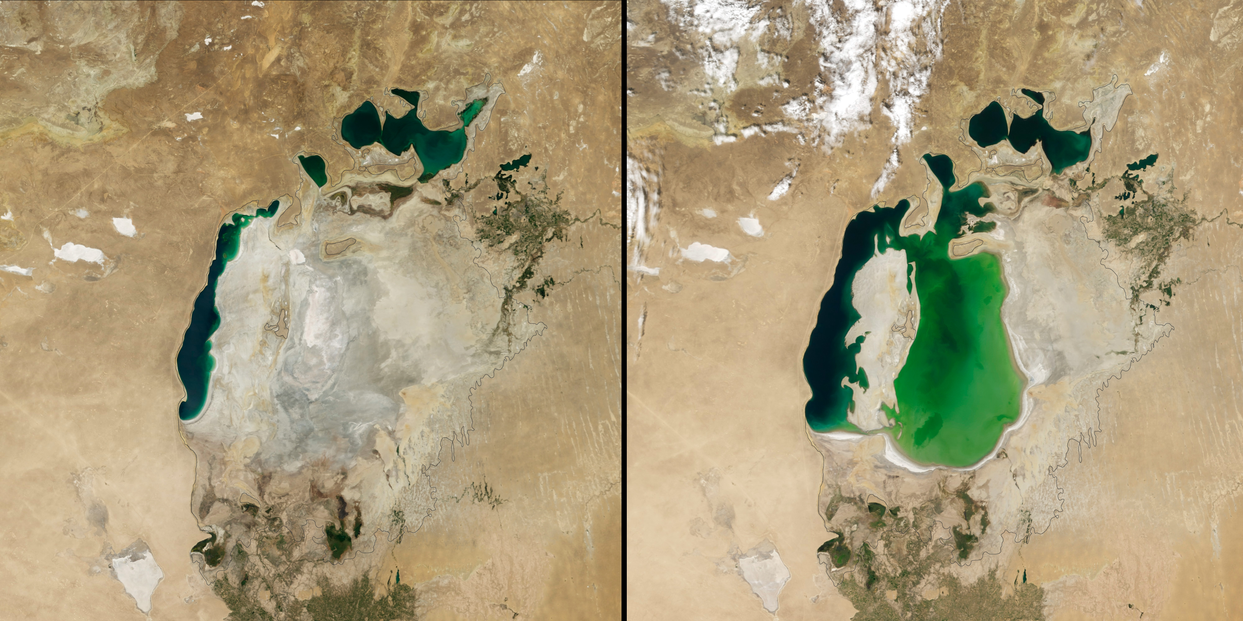 Aralsee: links im Jahr 2014, rechts im Jahr 2000, die schwarze Linie zeigt die Größe des Sees im Jahr 1960.
