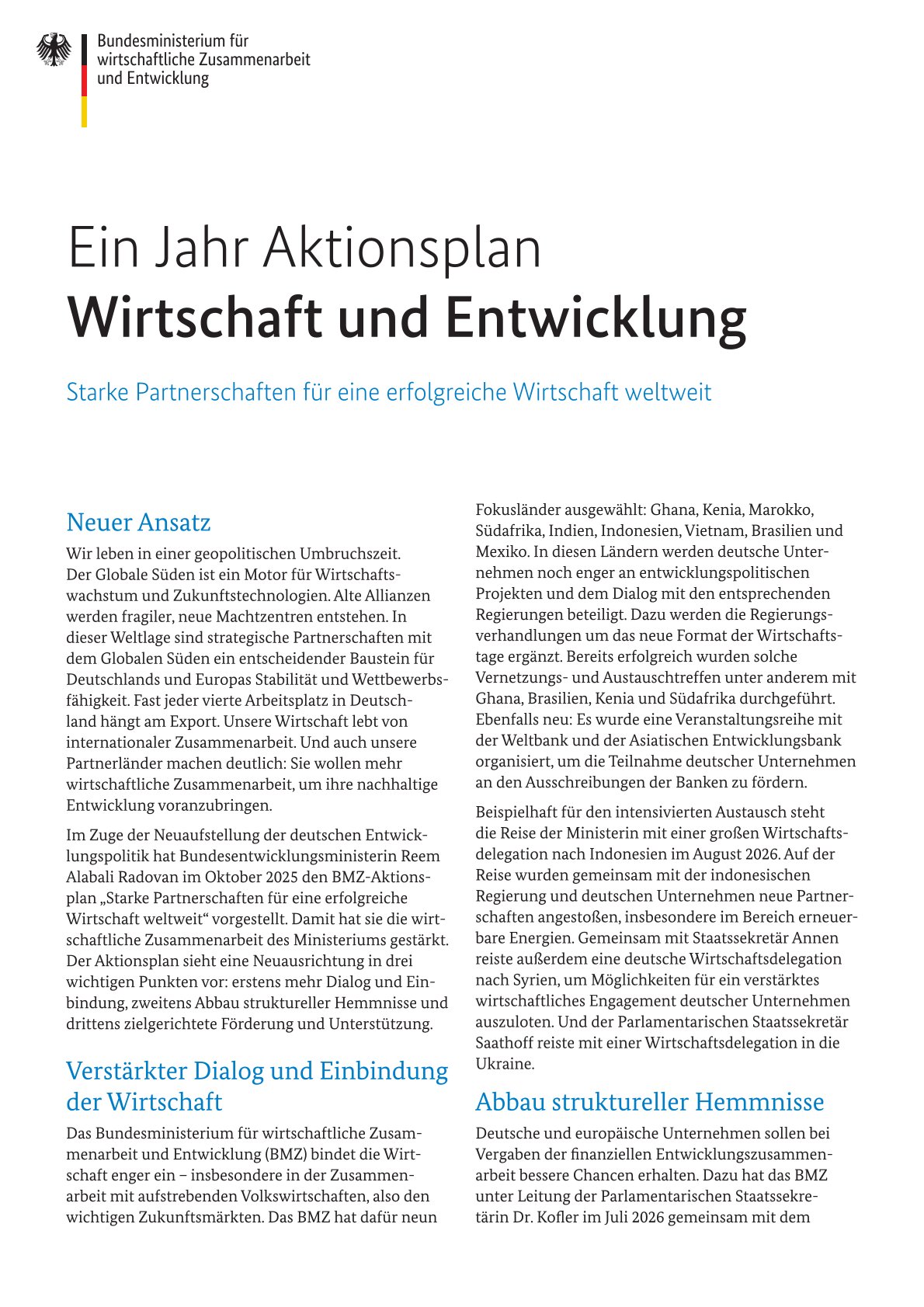 Deckblatt des PDFs Ein Jahr Aktionsplan Wirtschaft und Entwicklung