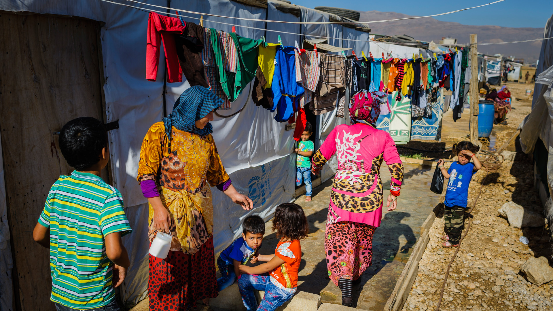 Syrian women and children in a refugee camp in Bar Elias in the Bekaa plain, Lebanon