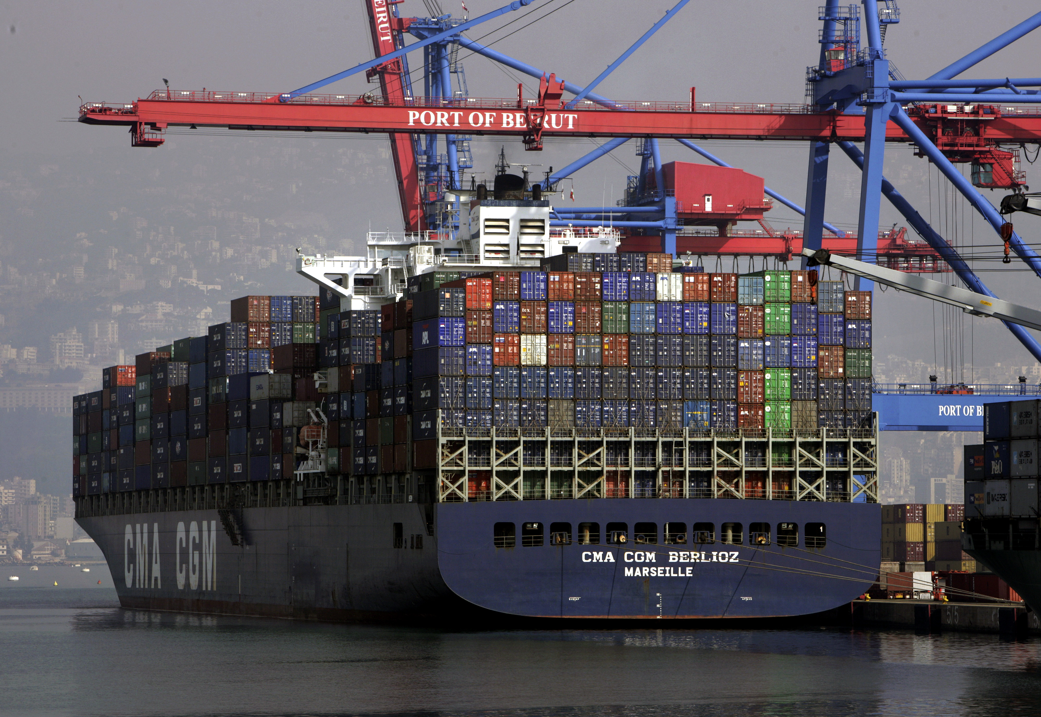 Cranes in the container port of Beirut, the picture was taken before the explosion on August 4, 2020