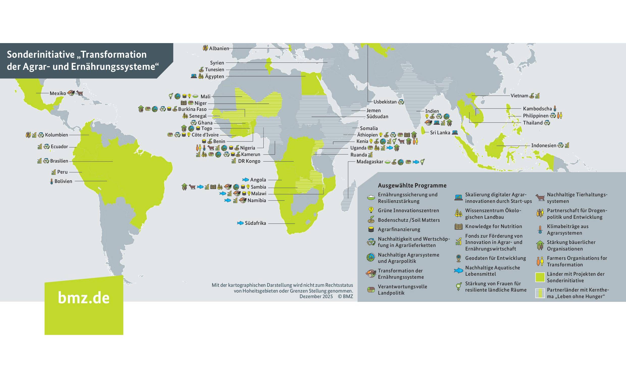 Grafik: Schwerpunktländer und weitere Projektstandorte der Sonderinitiative "Transformation der Agrar- und Ernährungssysteme“. Auf dem Hintergrund einer Weltkarte sind die Länder hervorgehoben, in denen sich die Initiative engagiert. Zusätzlich ist auch der jeweilige Arbeitsschwerpunkt genannt. 