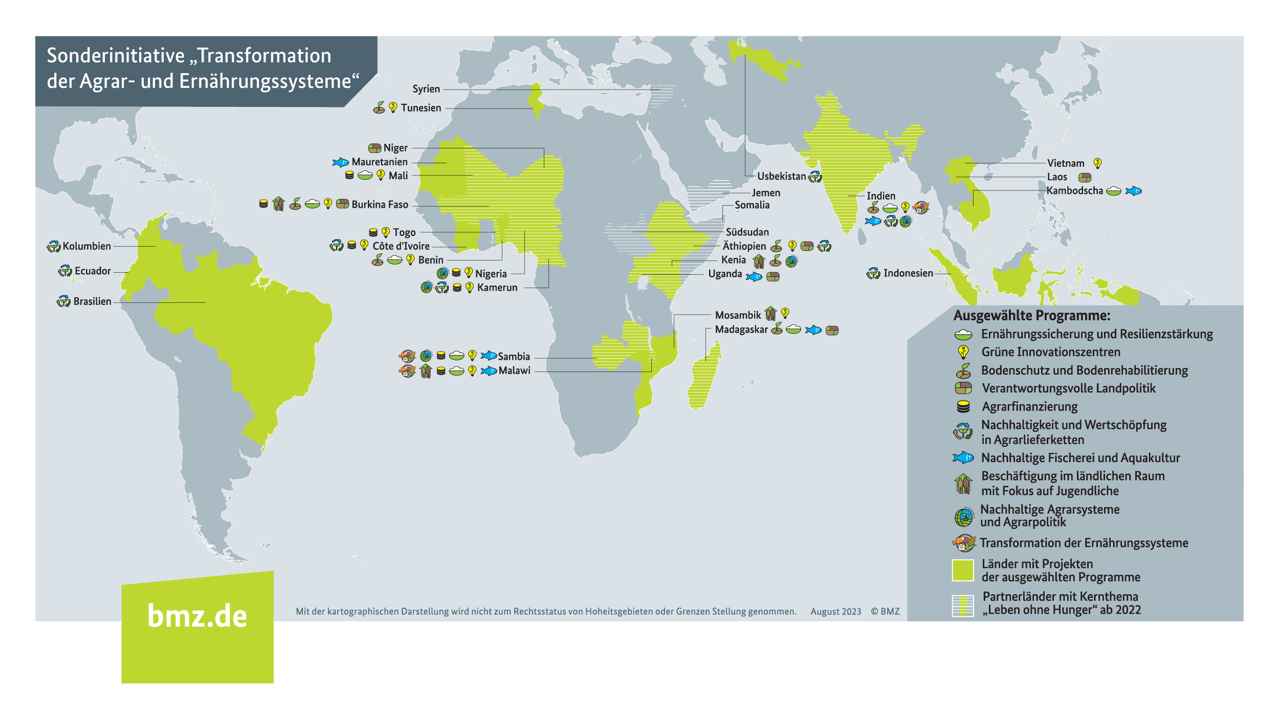 Grafik: Schwerpunktländer und weitere Projektstandorte der Sonderinitiative EINEWELT ohne Hunger. Auf dem Hintergrund einer Weltkarte sind die Länder hervorgehoben, in denen sich die Initiative engagiert. Zusätzlich ist auch der jeweilige Arbeitsschwerpunkt genannt. 