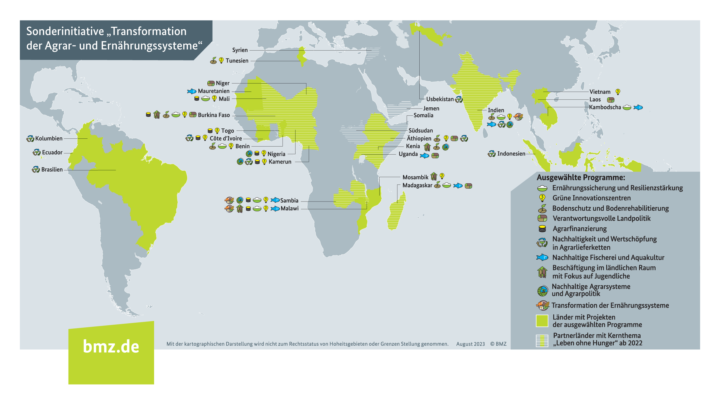 Grafik: Schwerpunktländer und weitere Projektstandorte der Sonderinitiative EINEWELT ohne Hunger. Auf dem Hintergrund einer Weltkarte sind die Länder hervorgehoben, in denen sich die Initiative engagiert. Zusätzlich ist auch der jeweilige Arbeitsschwerpunkt genannt.