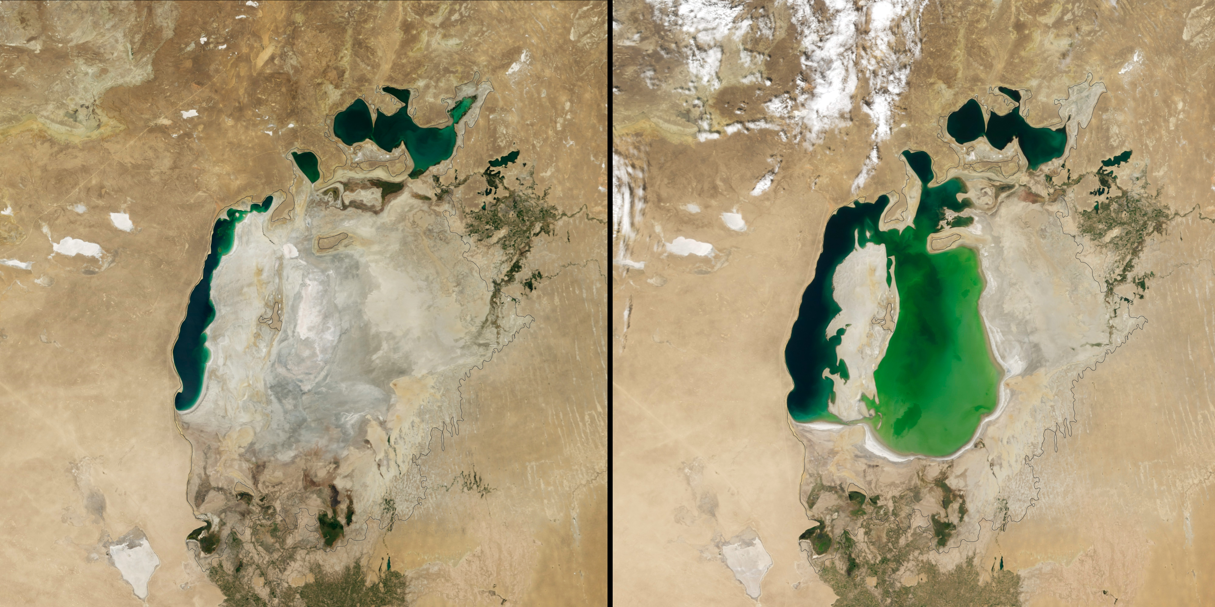 Aral Sea: left 2014 and right 2000, 1960 extent black line