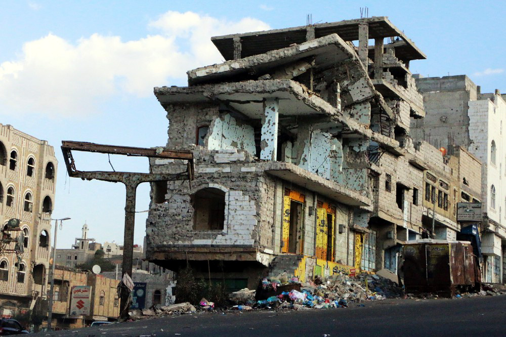 A destroyed building in Al Qahirah district of Taiz, Yemen