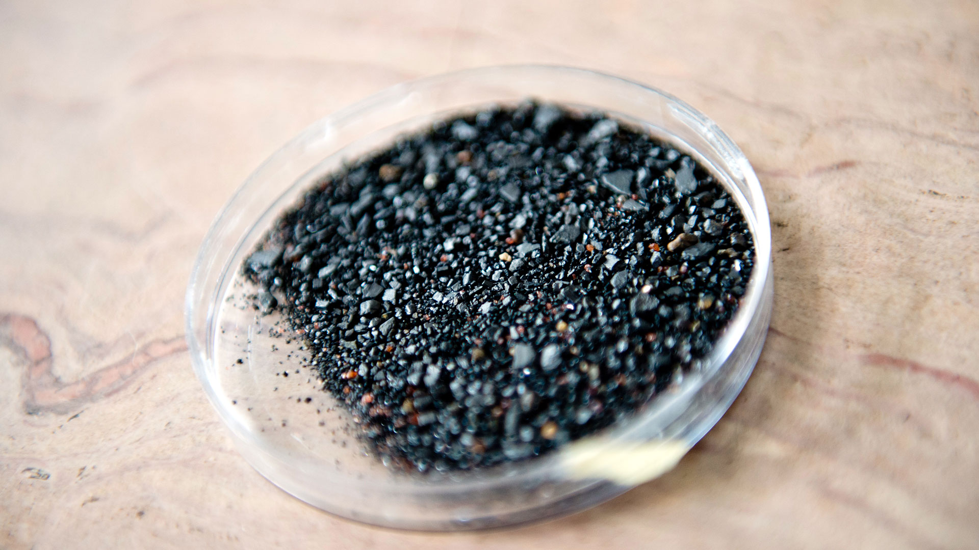 Dish with a small amount of Coltan. This ore is mined in the Democratic Republic of the Congo and is an important raw material, for example for the production of mobile phones.