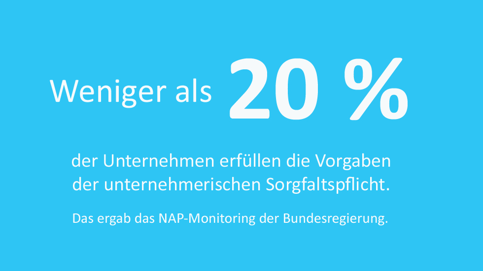 Weniger als 20 Prozent der Unternehmen erfüllen die Vorgaben der unternehmerischen Sorgfaltspflicht. Das ergab das NAP-Monitoring der Bundesregierung.