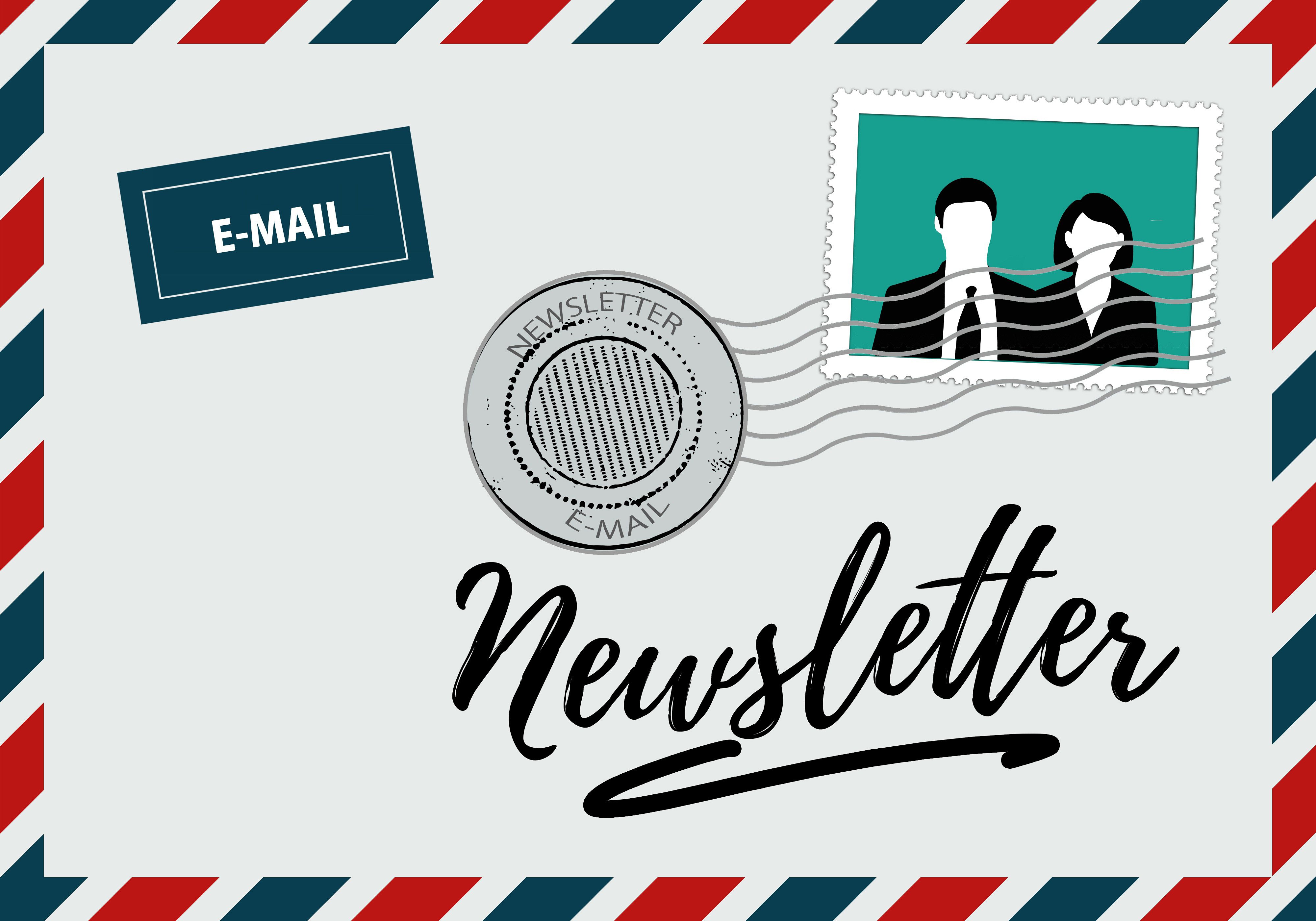 Symbolbild Newsletter: Zeichnung eines Briefumschlags mit der Aufschrift Newsletter, einer Briefmarke und einem Hinweis "E-Mail"