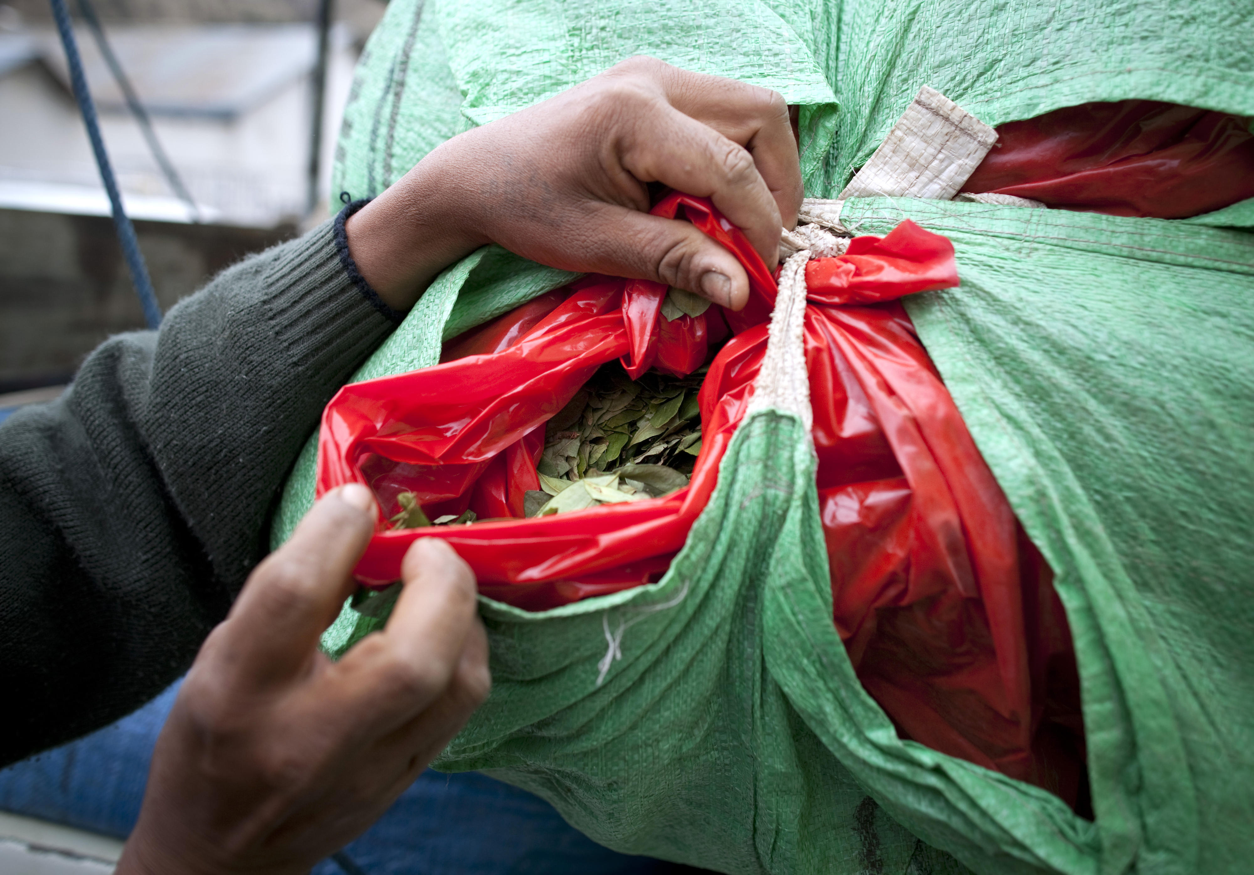 Kokablätter werden in einem Sack auf dem Markt von La Paz, Bolivien, verkauft.