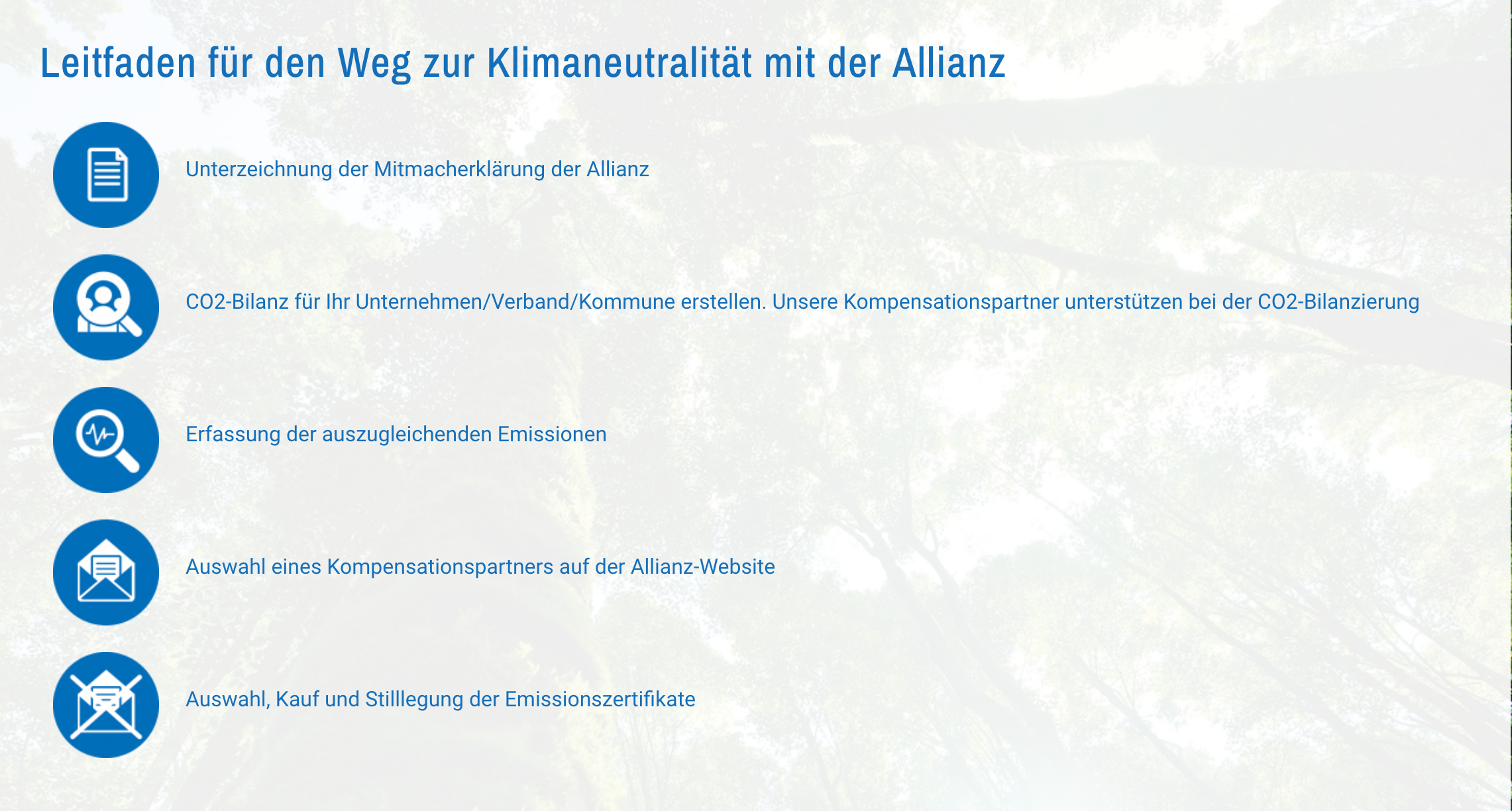 Leitfaden für den Weg zur Klimaneutralität mit der Allianz - Unterzeichnung der Mitmacherklärung der Allianz, CO2-Bilanz für Unternehmen erstellen. Unsere Kompensationspartner unterstützen bei der Bilanzierung, Erfassung der auszugleichenden Emissionen, Auswahl eines Kompensationspartners auf der Allianz-Website, Auswahl, Kauf und Stilllegung des Emissionszertifikates.