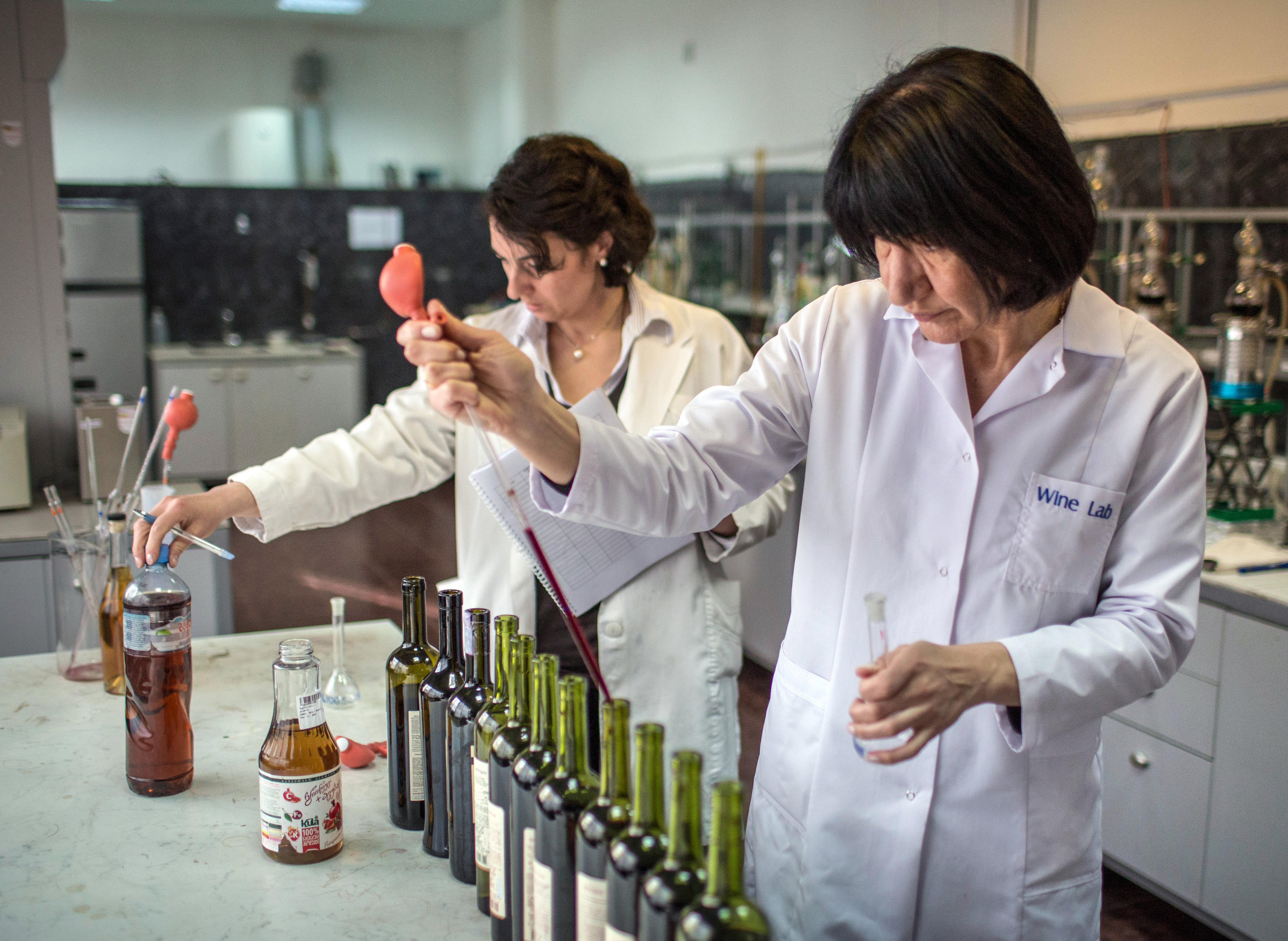 Employees of a wine laboratory in Tbilisi, Georgia