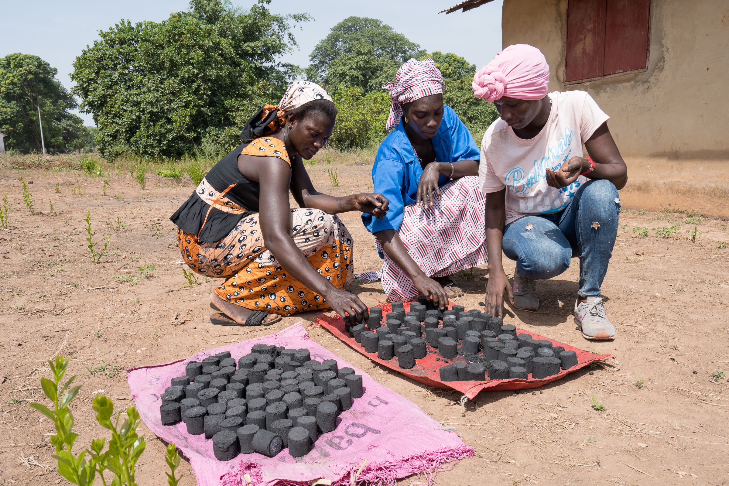 Frauen aus dem Senegal mit selbst hergestellten Kohlebriketts aus nachwachsenden Rohstoffen