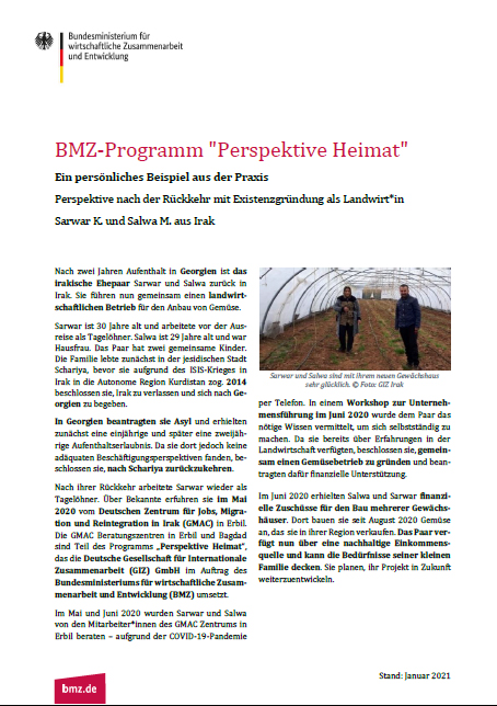 Titelbild: BMZ-Programm "Perspektive Heimat": Perspektive nach der Rückkehr mit Existenzgründung als Landwirt*in – Sarwar K. und Salwa M. aus Irak