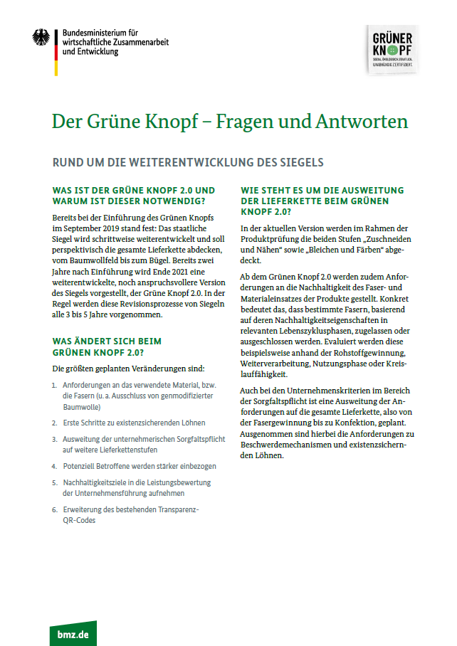 Titelblatt: Der Grüne Knopf – Fragen und Antworten rund um die Weiterentwicklung des Siegels