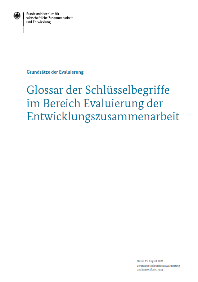 Titelblatt: Glossar der Schlüssel­begriffe im Bereich Eva­luie­rung der Ent­wick­lungs­zusammen­​​​​​​​arbeit