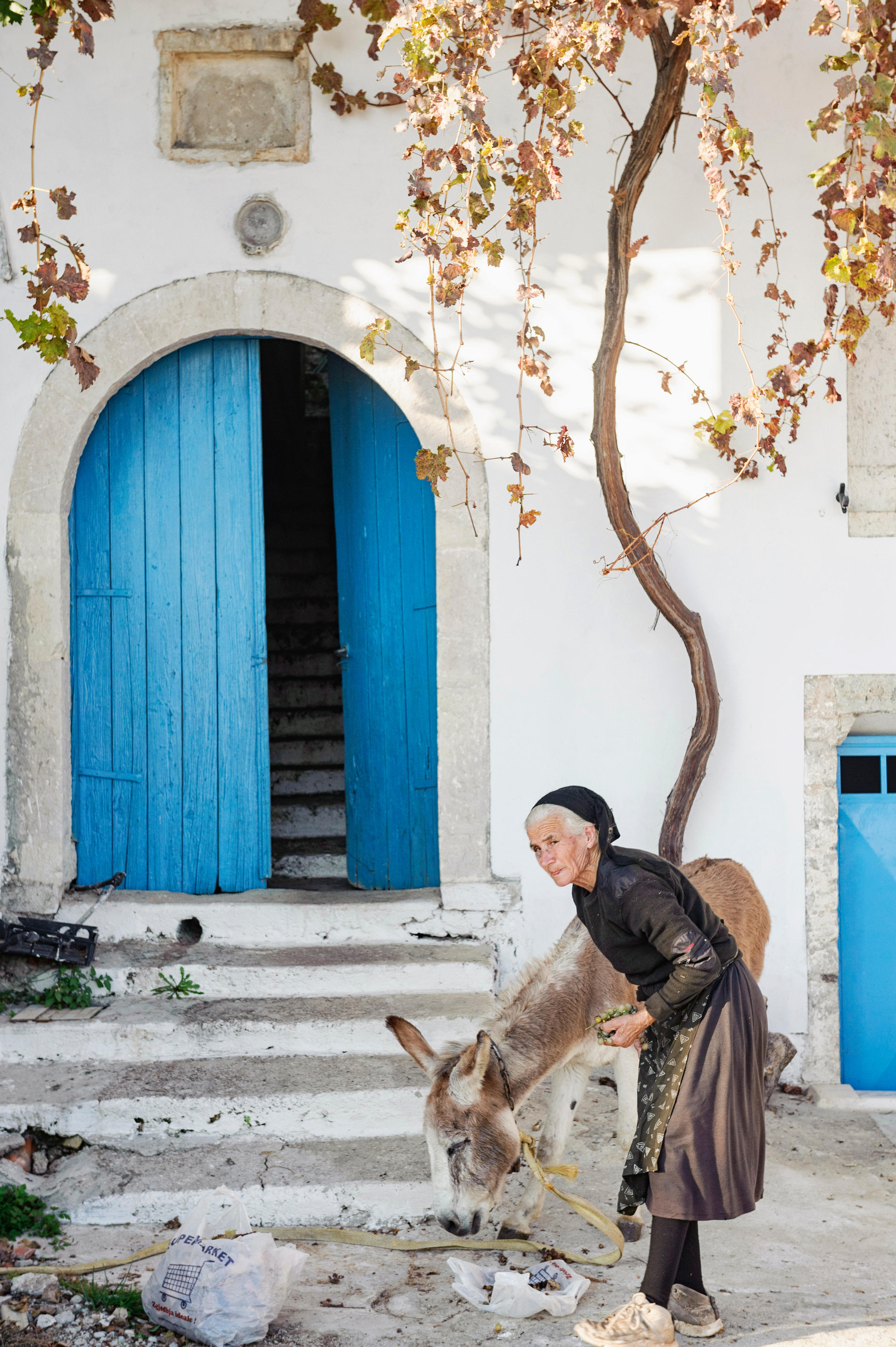 Eine Frau mit einem Esel in Vuno, einem Dorf im Süden Albaniens