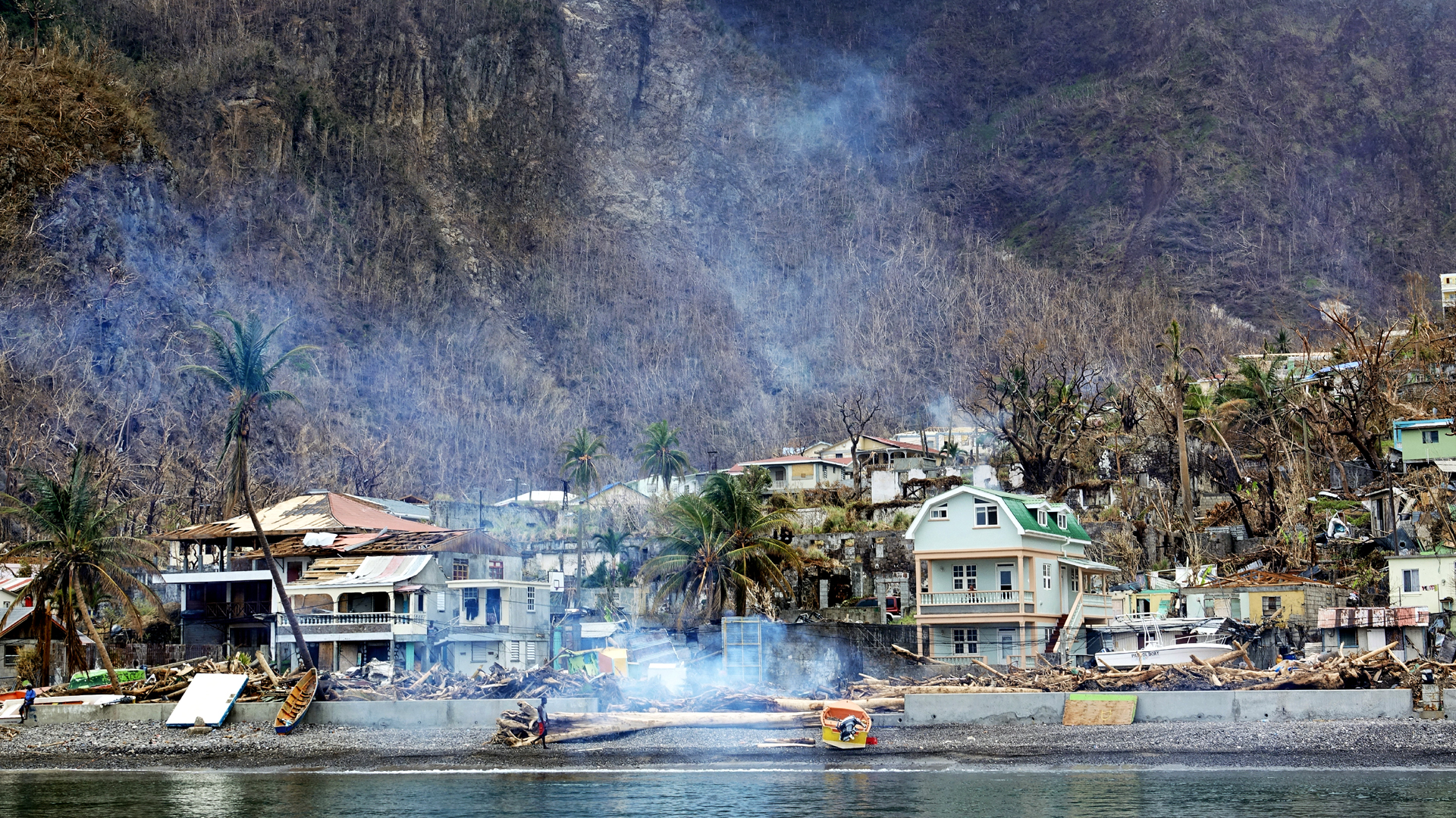 Destroyed buildings after a hurricane in the island nation of Dominica