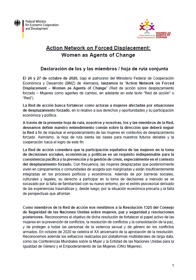 Cover: Action Network on Forced Displacement: Women as Agents of Change | Declaración de los y las miembros / hoja de ruta conjunta